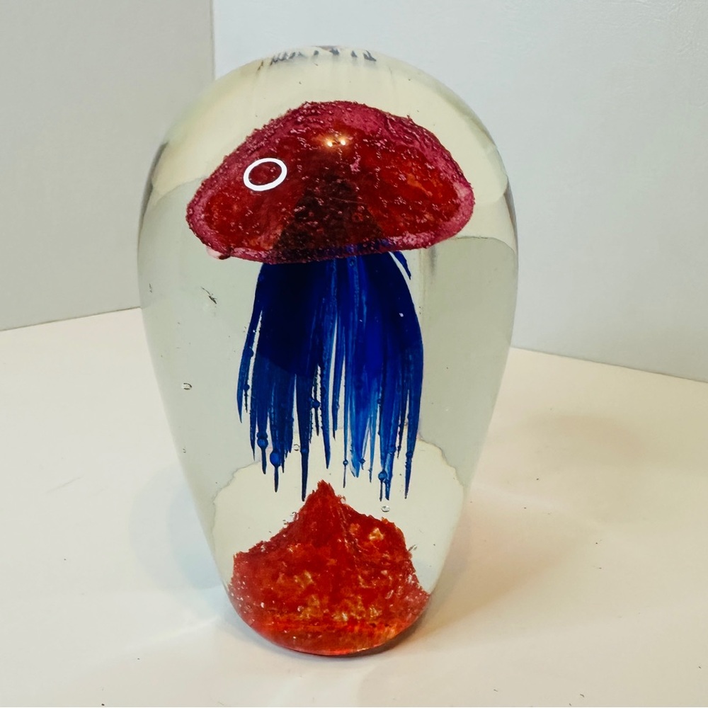 Vintage Murano Style Art Glass Red & Blue Jellyfish Paperweight Sculpture
